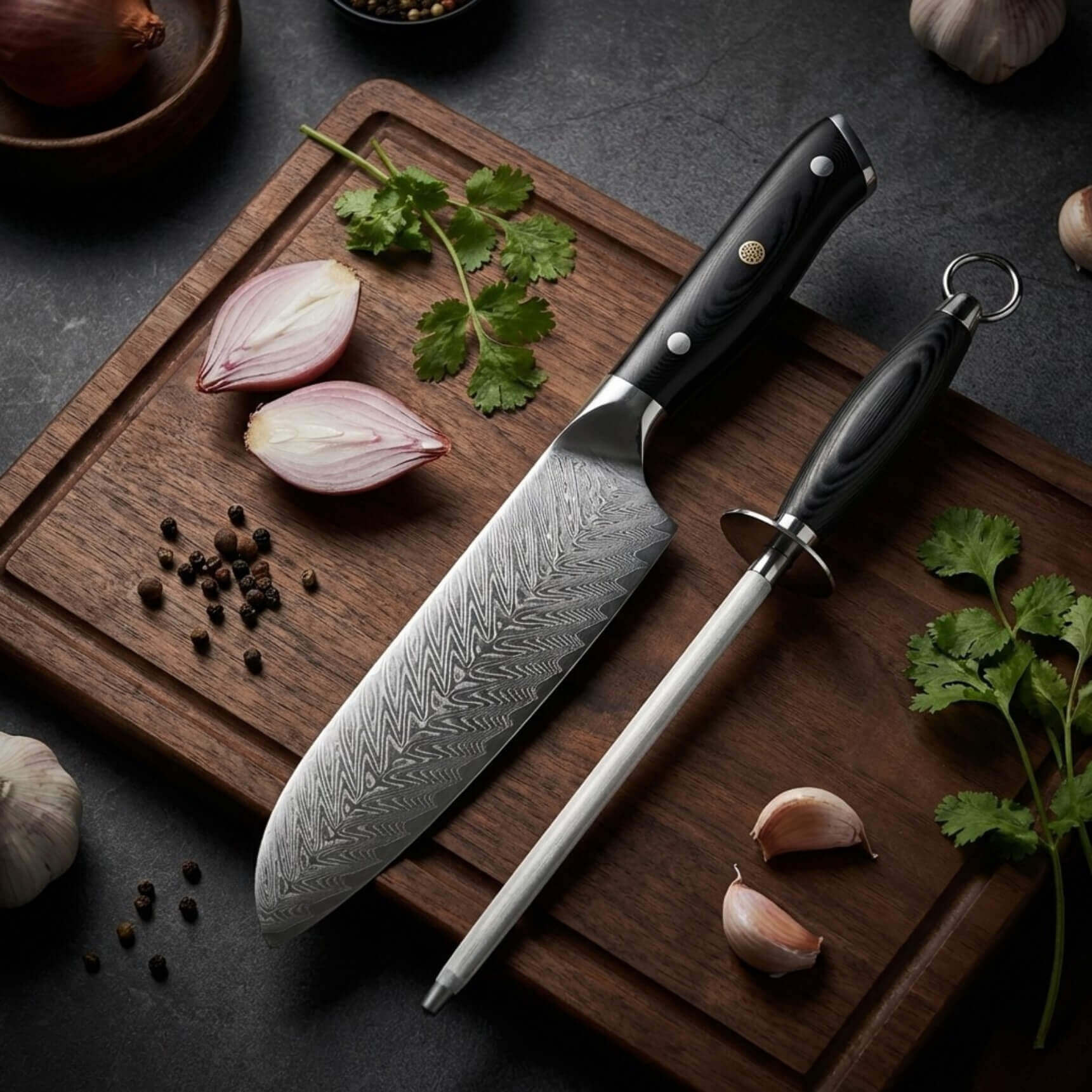 Couteau damas et fusil à aiguiser