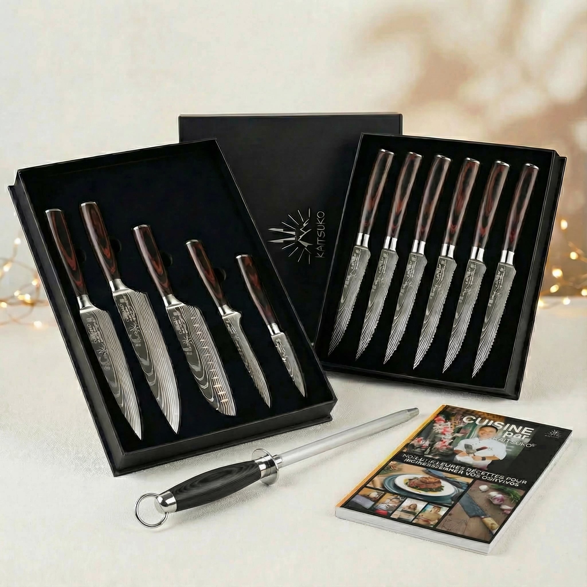Christmas Passion Set - Tanaka Forest Wood (6 steak knives + 5 Japanese knives + 1 pro sharpener + free Kaitsuko book)