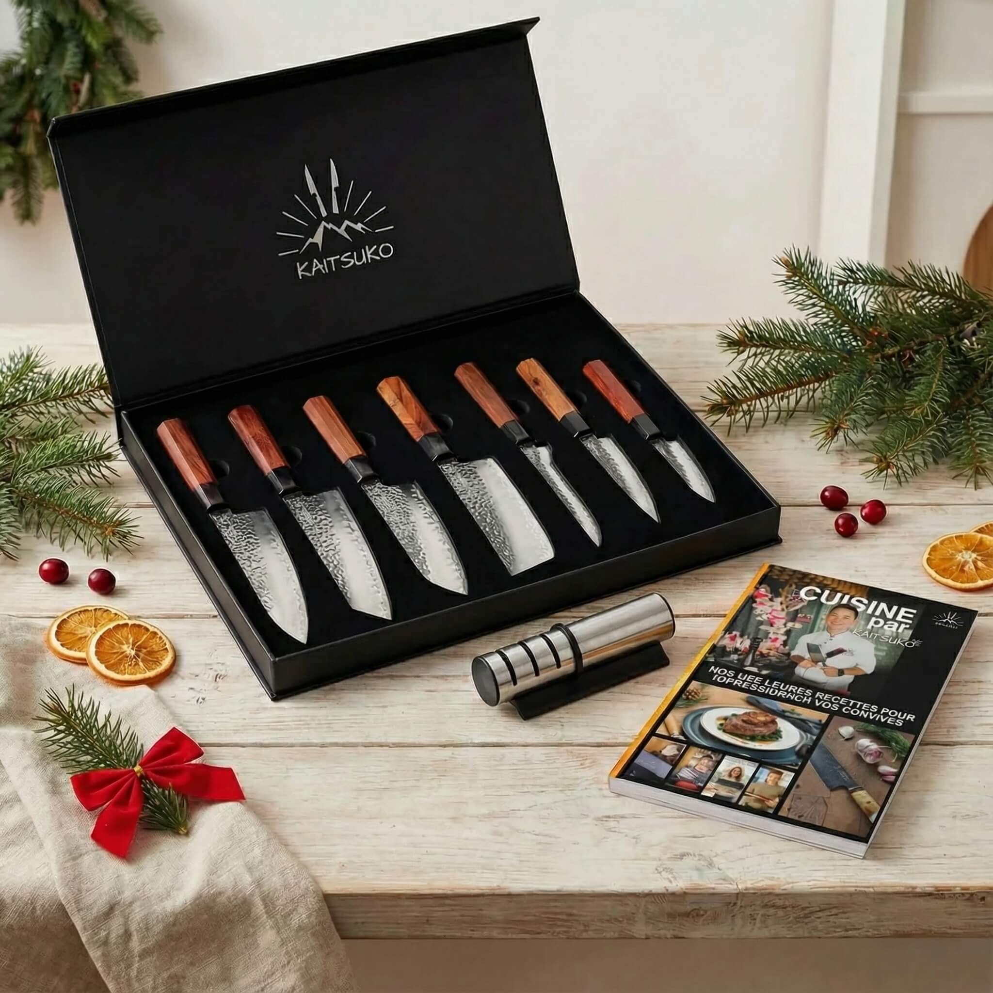 Samurai Expert Gift Set – Komodo Christmas Pack (7-piece Komodo knife set + 1 pro sharpener + free Kaitsuko book)