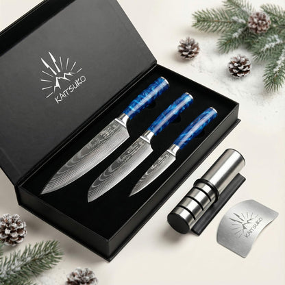 Pack Noël Amateur de Cuisine - Tanaka Bleu Océan  (3 couteaux japonais + 1 aiguiseur pro + 1 protège doigt  offert + 1 livre offert)