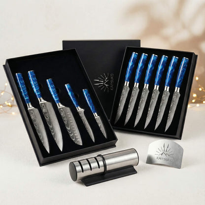 Pack Noël Passion Tanaka Bleu Océan (6 couteaux à Steak + 5 couteaux japonais + 1 aiguiseur pro + 1 protège doigt + 1 livre Kaitsuko)