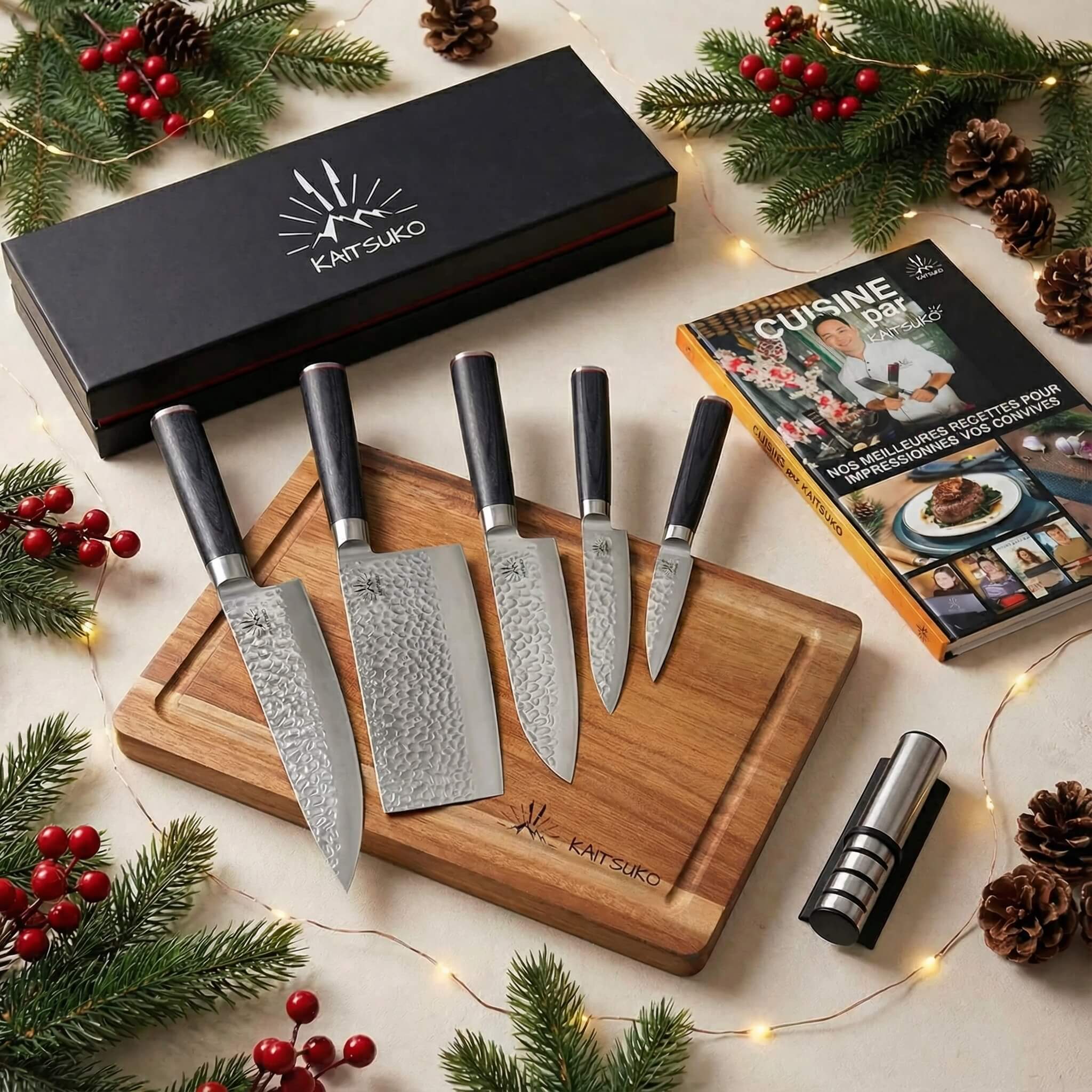 Complete Chef Set*** – Kaito Collection (5 hammered Japanese knives + cutting board + pro sharpener + free Kaitsuko book)