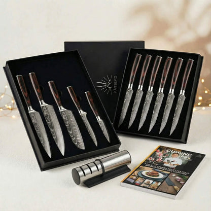 Christmas Passion Set - Tanaka Forest Wood (6 steak knives + 5 Japanese knives + 1 pro sharpener + free Kaitsuko book)