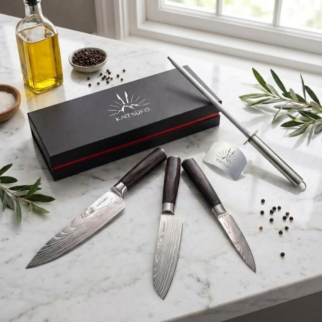 pack couteaux japonais Kaitsuko et accessoires de cuisine offerts collection Tanaka manche bois Forest Wood