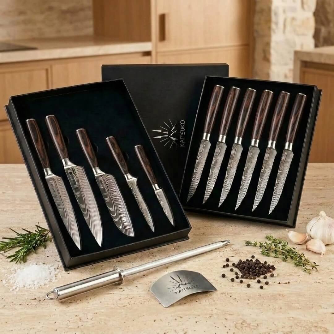 pack de 5 couteaux japonais et 6 couteaux steak manche en bois avec accessoires de cuisine